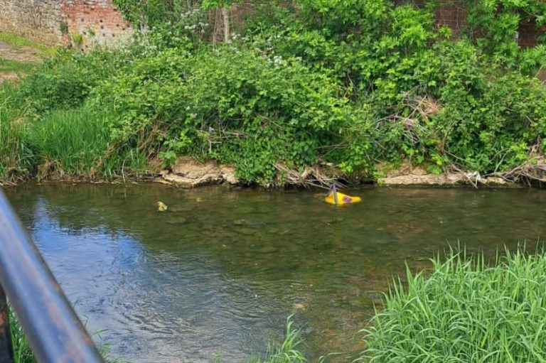 A cone in the ford by the Woolpack footbridge.